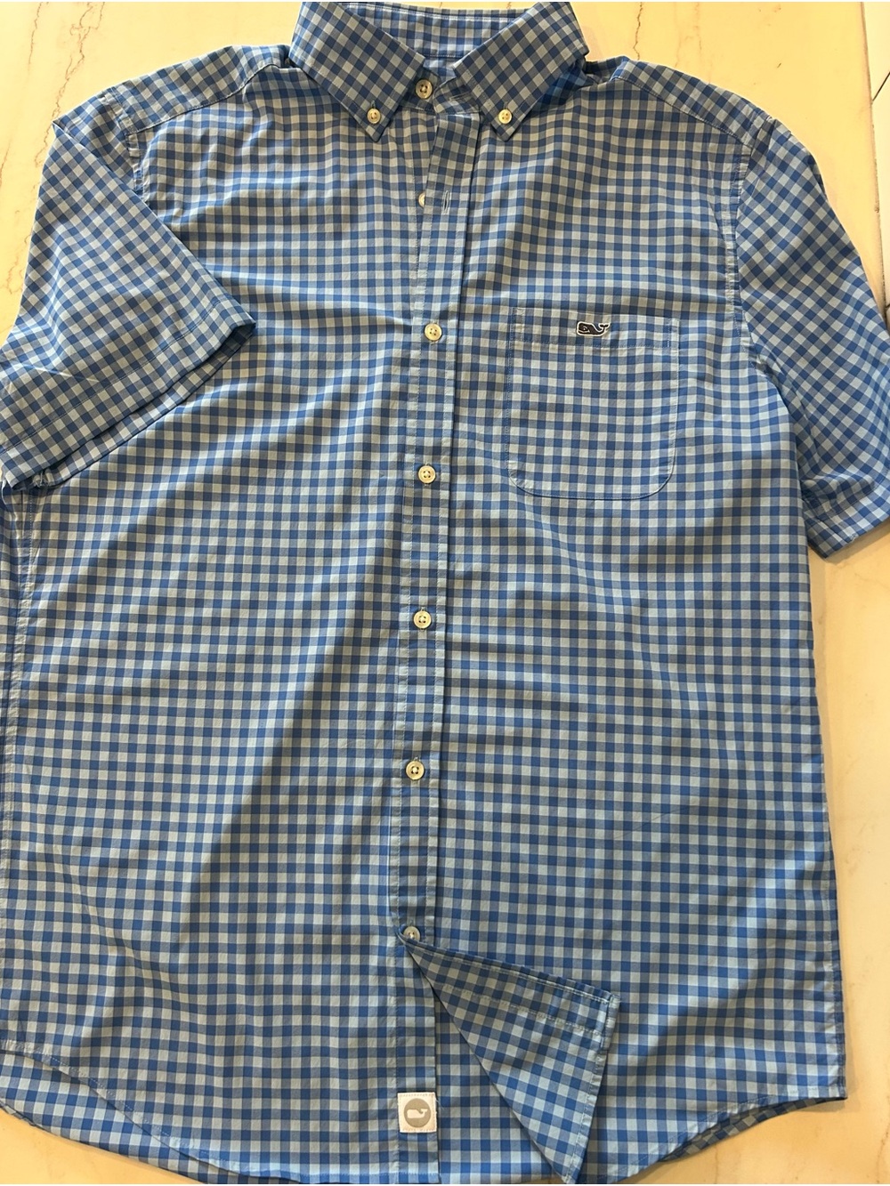 Vineyard Vines Blue Gingham Tucker Performance Short-Sleeve Button-Down Shirt